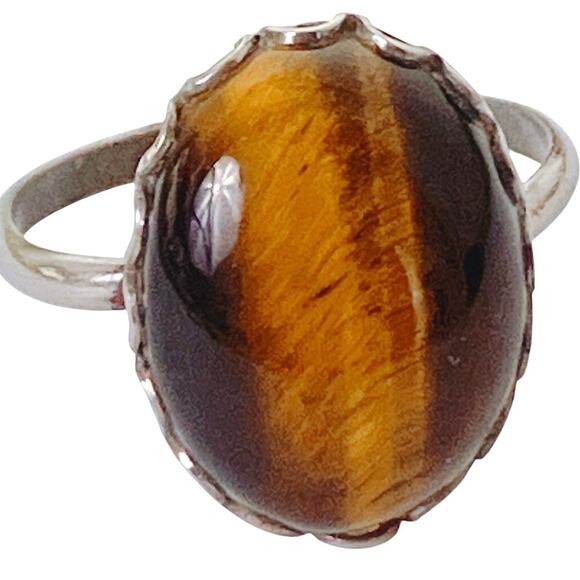 VTG Tiger's Eye Gemstone Ring US 9.25 Mid Century Artisan Cabochon Boho Artisan - Picture 1 of 12